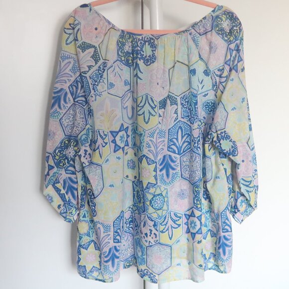 Talbots Blue Print Cotton Peasant Boho Blouse Top Floral Top Plus Size 2X Summer - Picture 3 of 9